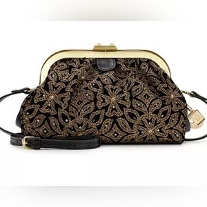 Patricia Nash Black and Gold Floral Clutch Or Crossbody Purse.